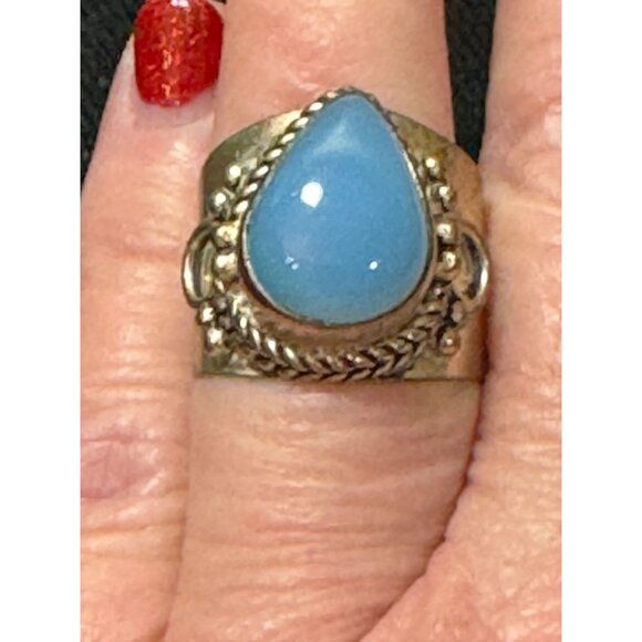 Vintage Sterling Silver & Aqua Chalcedony Ring With Braided Detail Size 9 - Picture 2 of 8